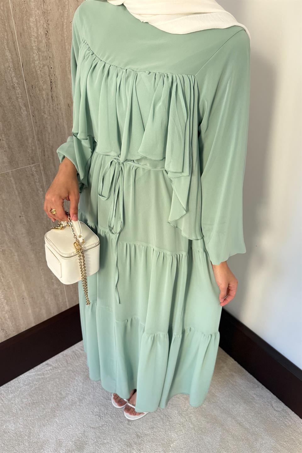 Daisy Fırfırlı Şifon Elbise - Mint