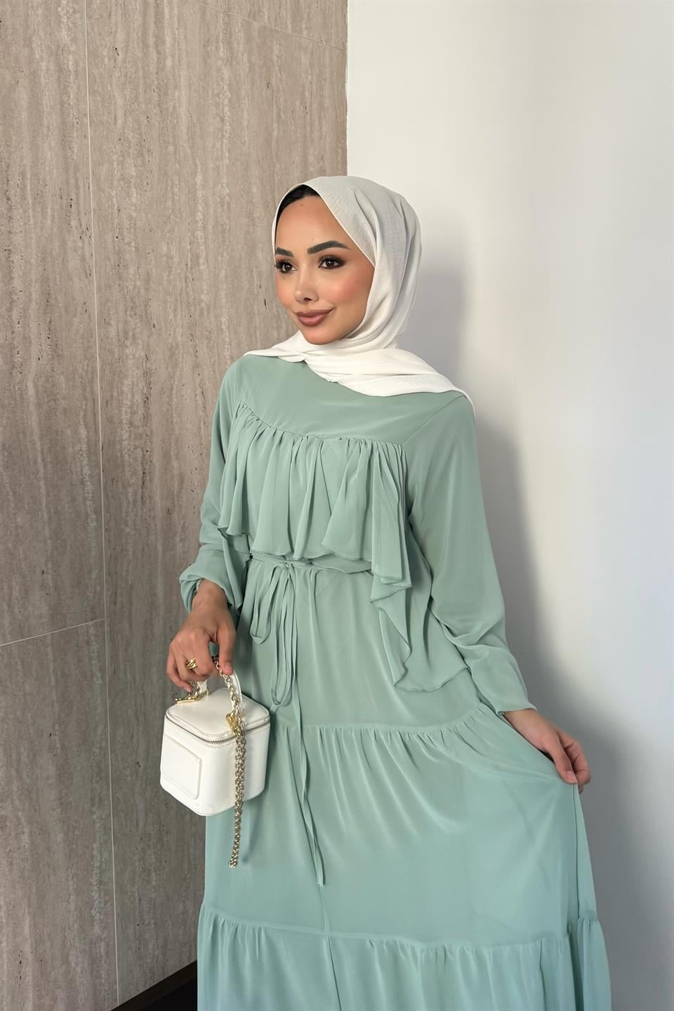 Daisy Fırfırlı Şifon Elbise - Mint