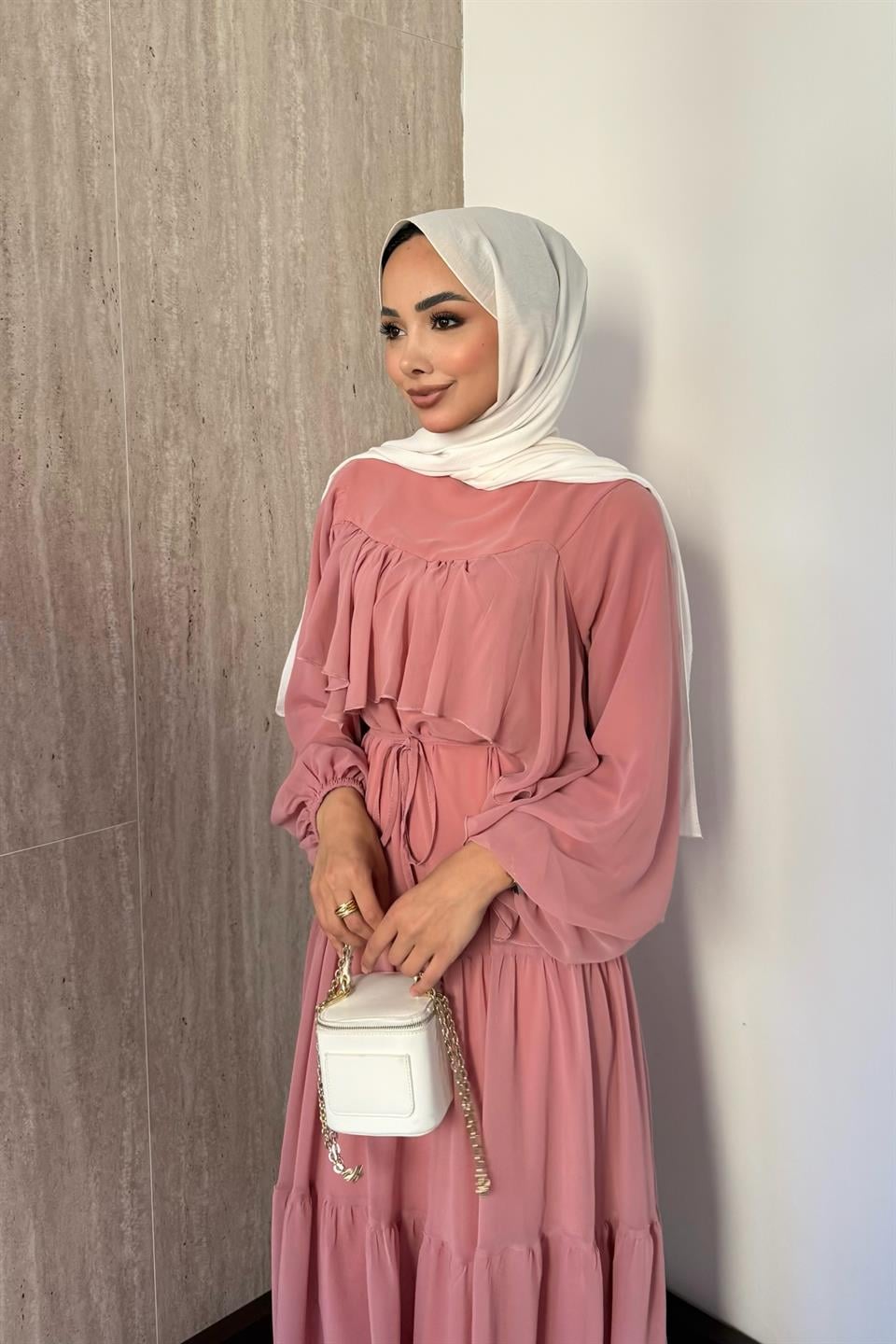 Daisy Fırfırlı Şifon Elbise - Pembe