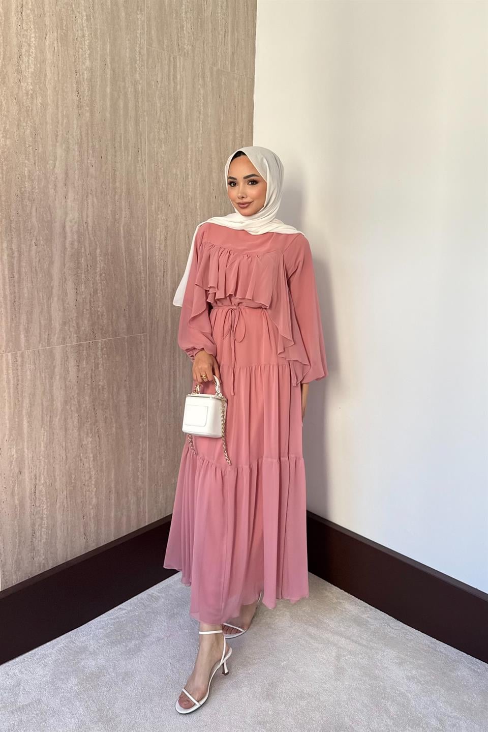 Daisy Fırfırlı Şifon Elbise - Pembe