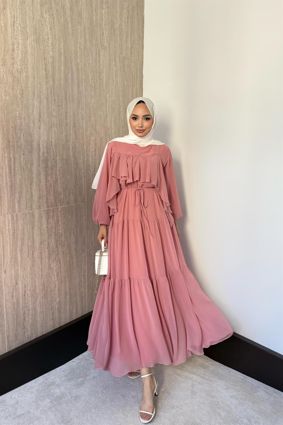 Daisy Fırfırlı Şifon Elbise - Pembe