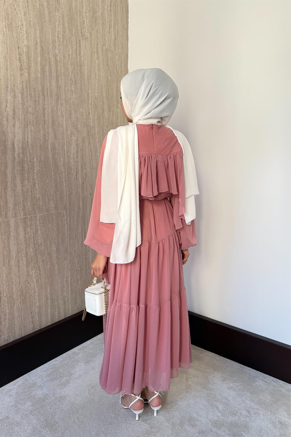 Daisy Fırfırlı Şifon Elbise - Pembe