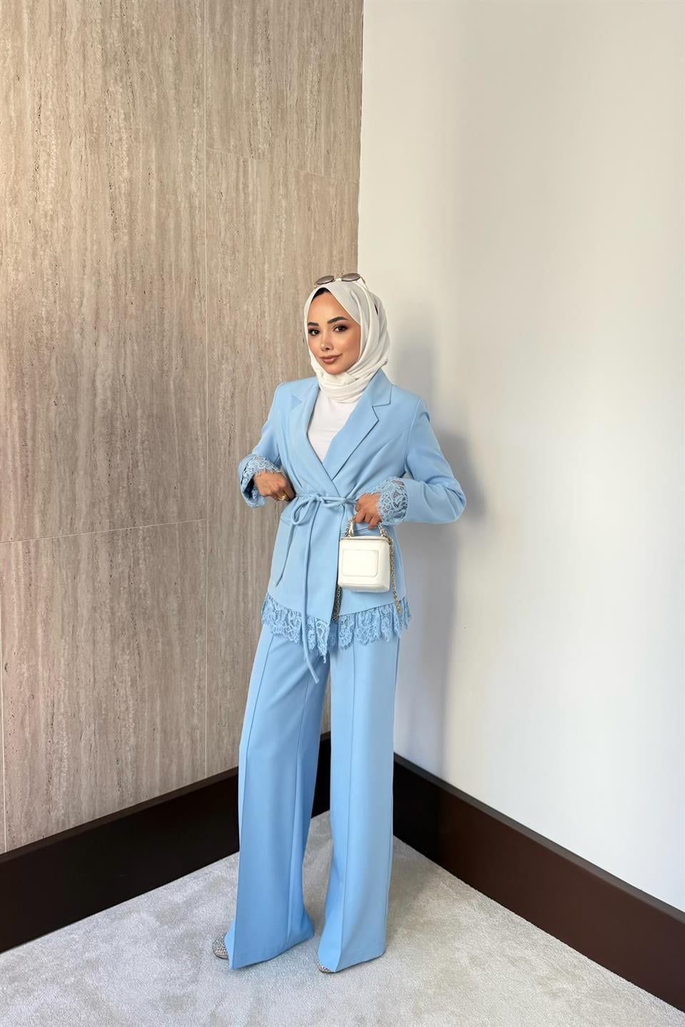 Dantelli Blazer Ceketli Pantolonlu Takım - Mavi