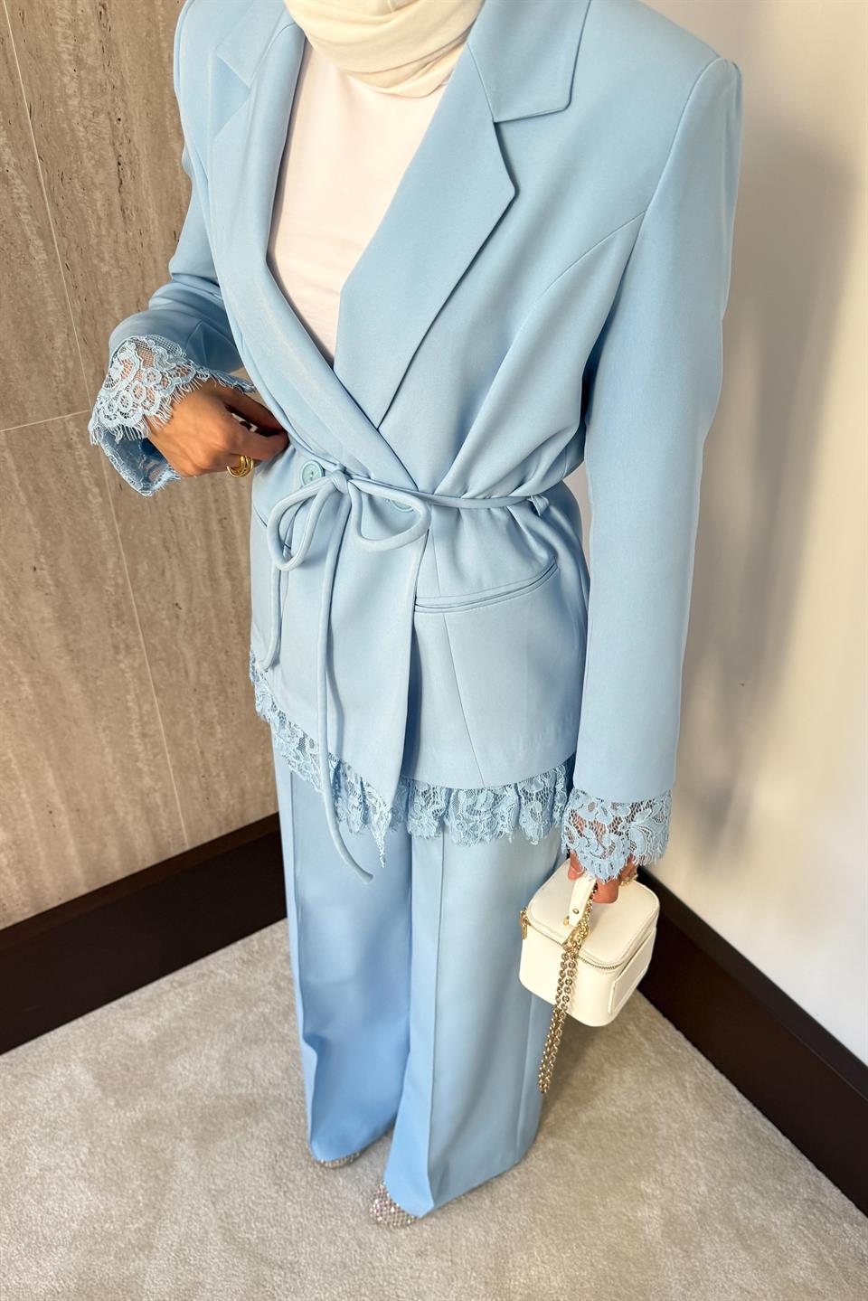 Dantelli Blazer Ceketli Pantolonlu Takım - Mavi