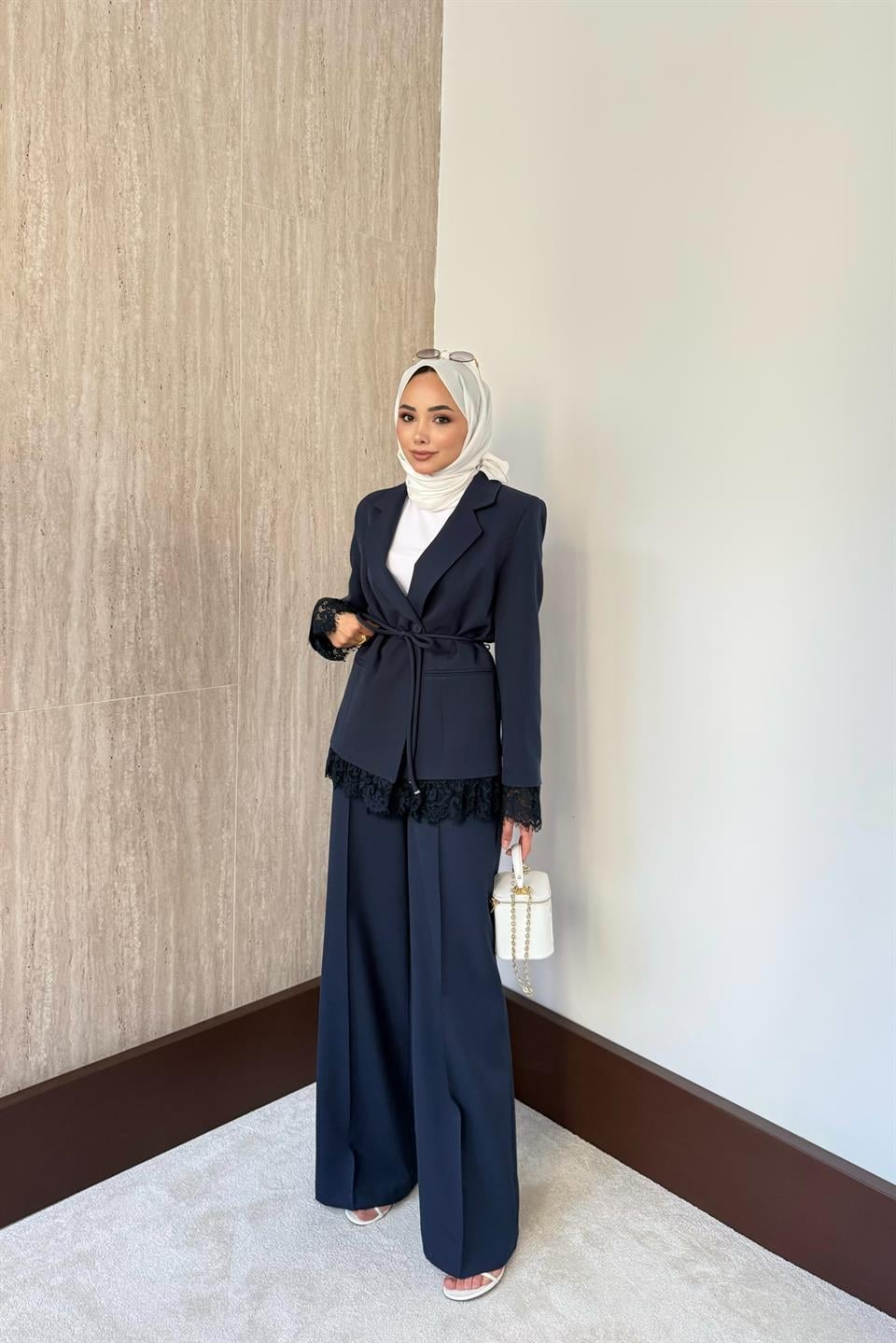 Dantelli Blazer Ceketli Pantolonlu Takım - Lacivert