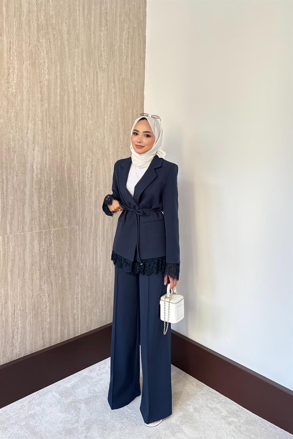Dantelli Blazer Ceketli Pantolonlu Takım - Lacivert