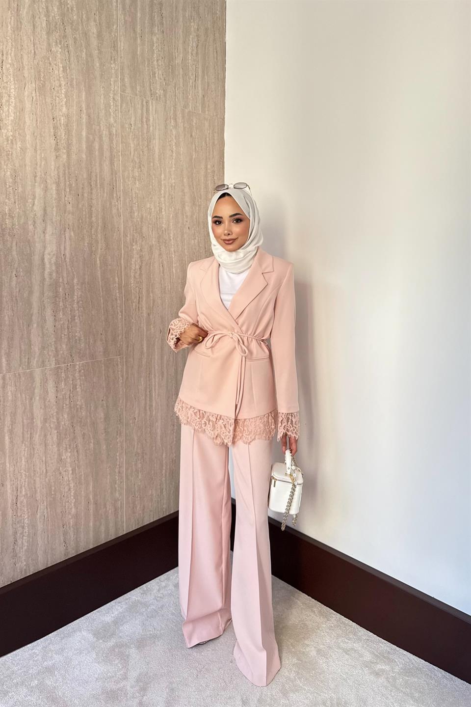 Dantelli Blazer Ceketli Pantolonlu Takım - Pembe