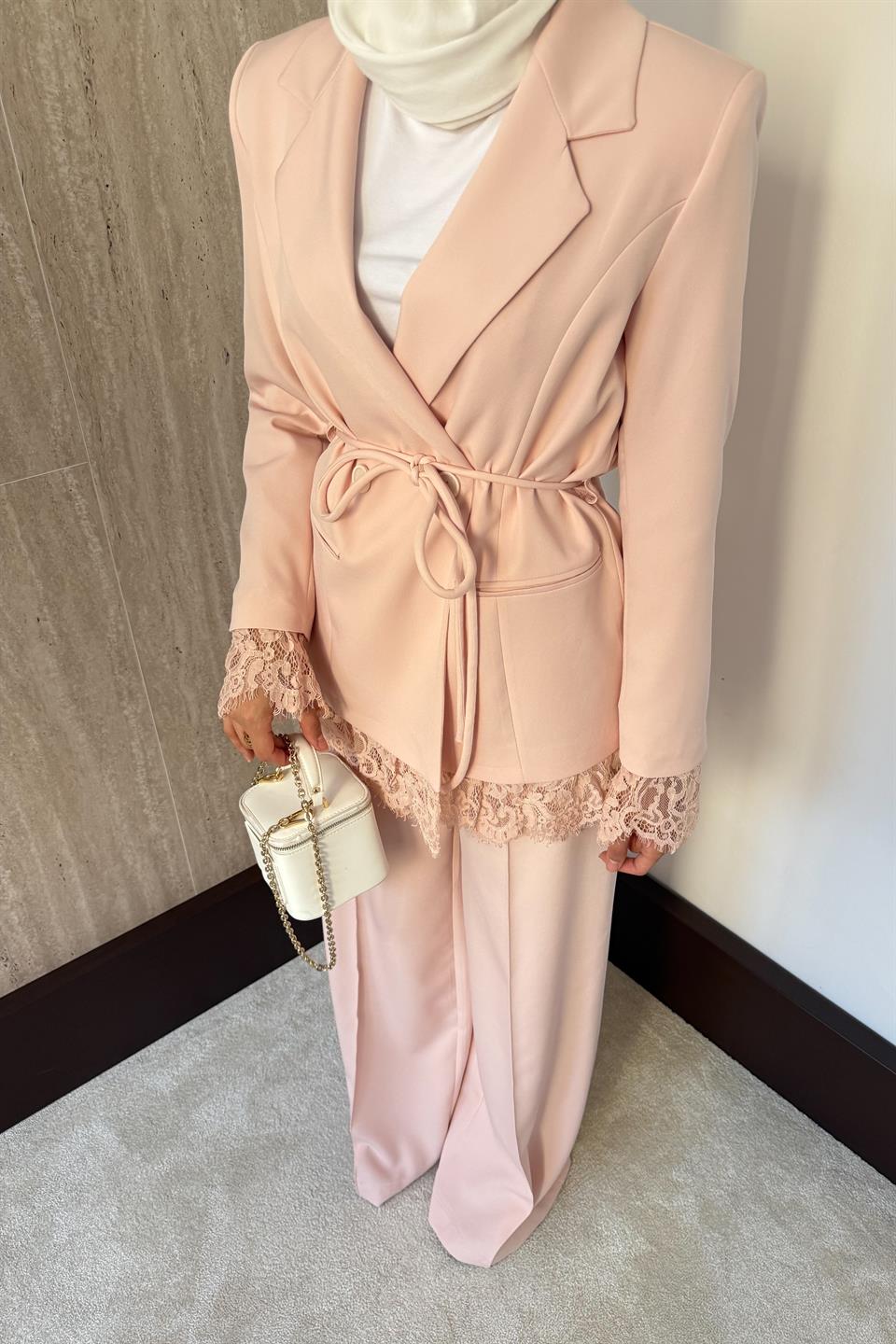 Dantelli Blazer Ceketli Pantolonlu Takım - Pembe