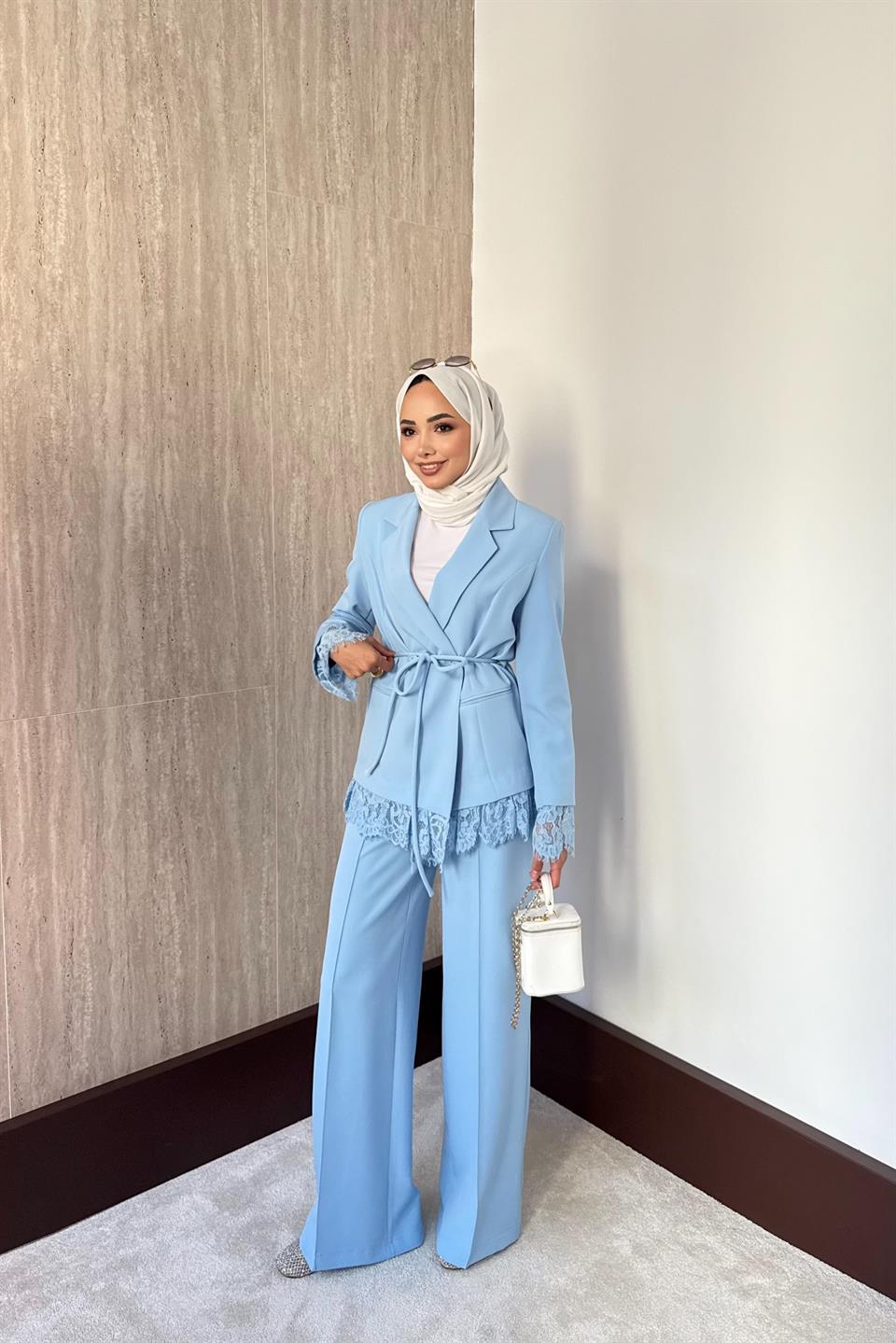 Dantelli Blazer Ceketli Pantolonlu Takım - Mavi