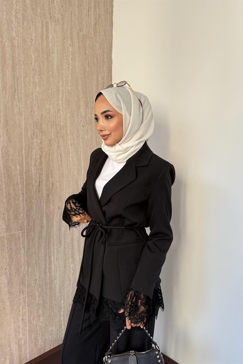 Dantelli Blazer Ceketli Pantolonlu Takım - Siyah
