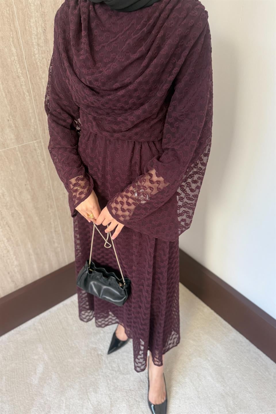 Degaje yaka Dantel Etekli Takım - Mürdüm