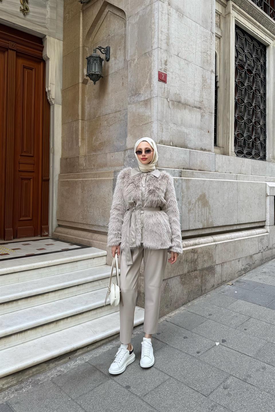 Leather Collar Fur Coat - Mink