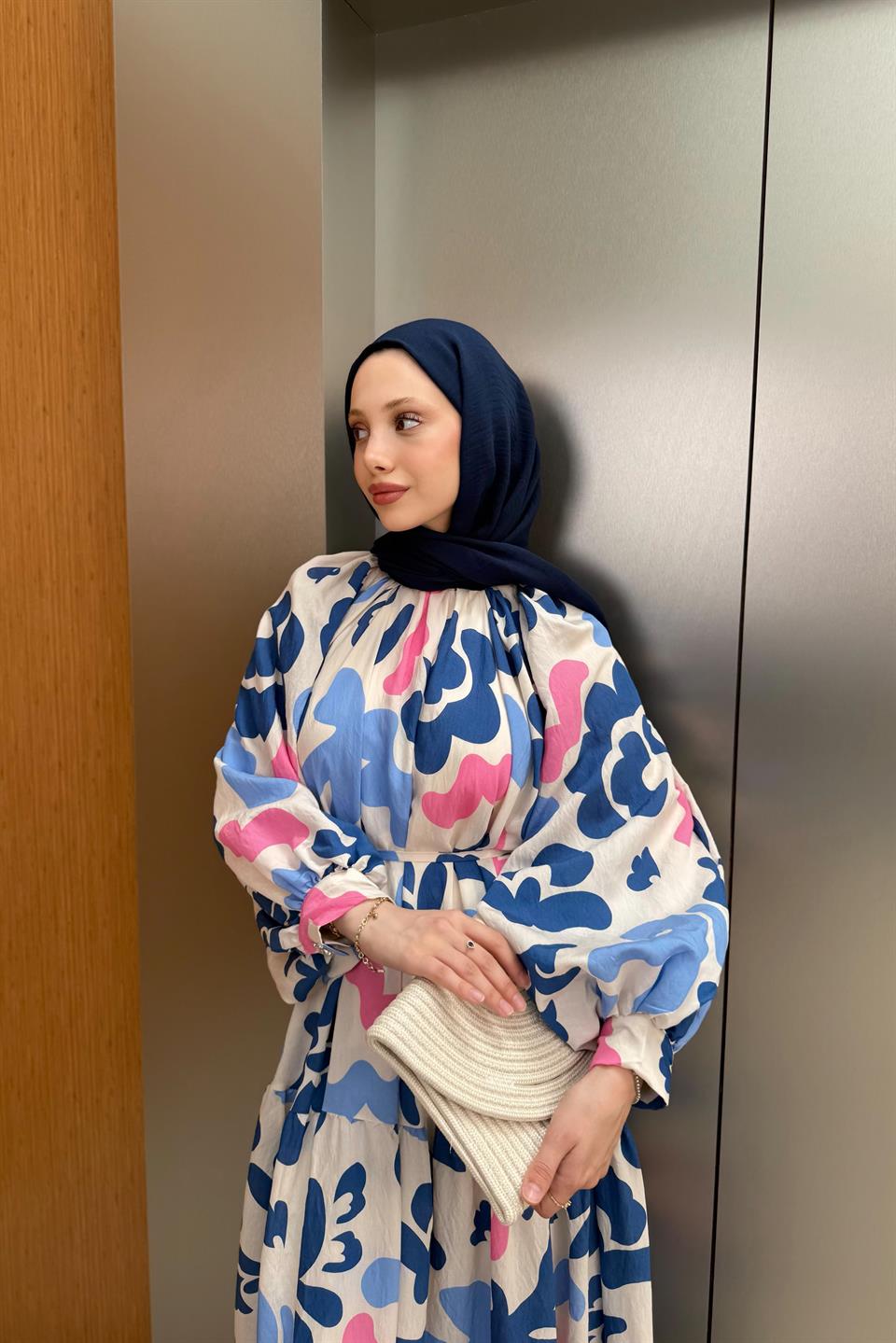 Desenli Balon Kol Elbise - Ekru