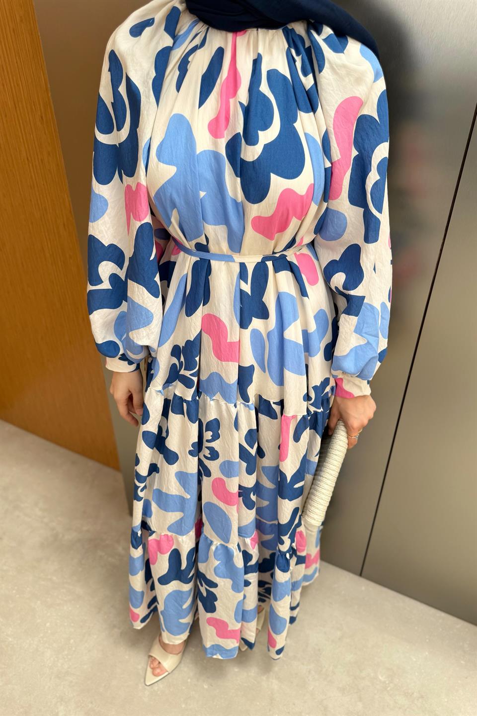 Desenli Balon Kol Elbise - Ekru