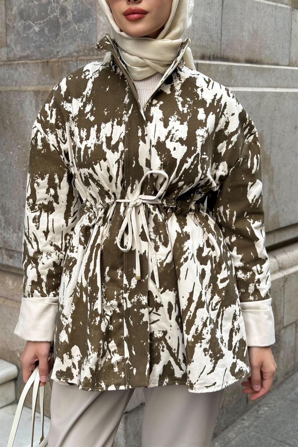 Patterned Waist Drawstring Jacket - Green