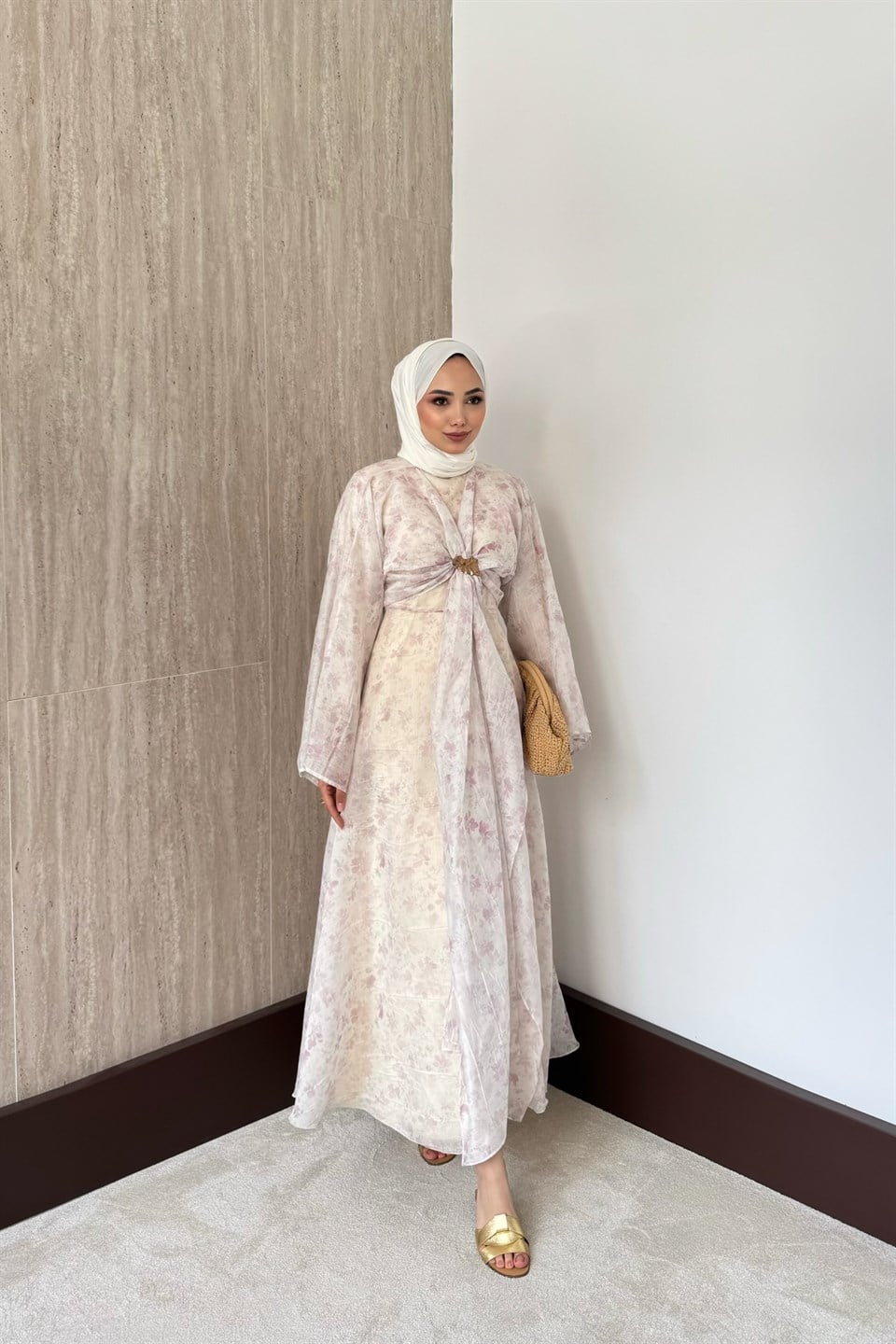 Desenli Bolerolu Vual Elbise - Pembe