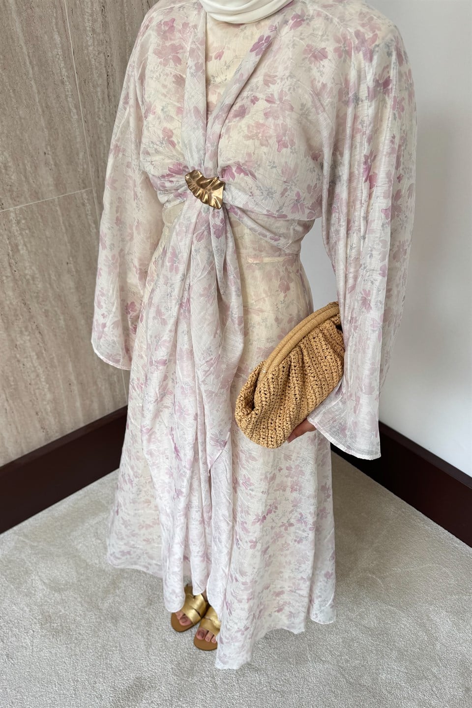 Desenli Bolerolu Vual Elbise - Pembe