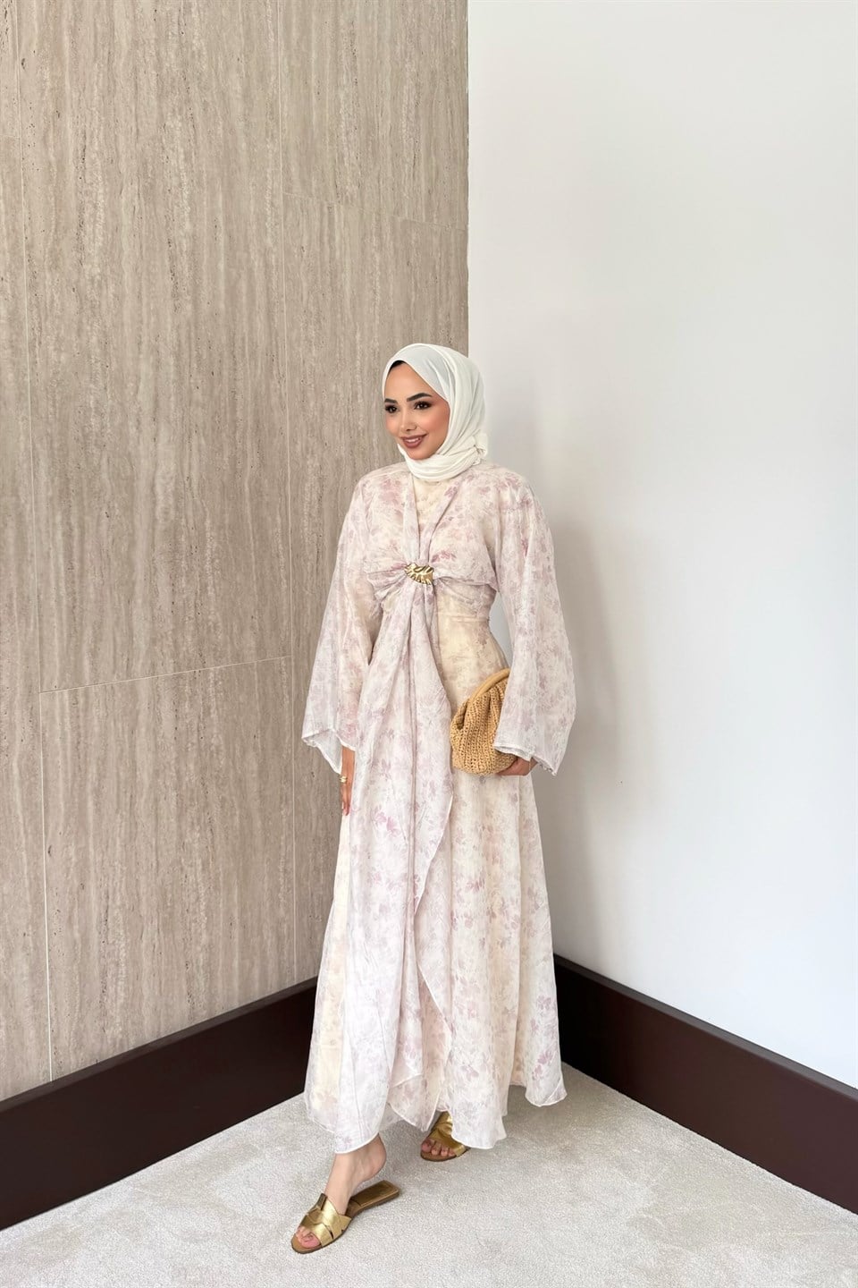 Desenli Bolerolu Vual Elbise - Pembe