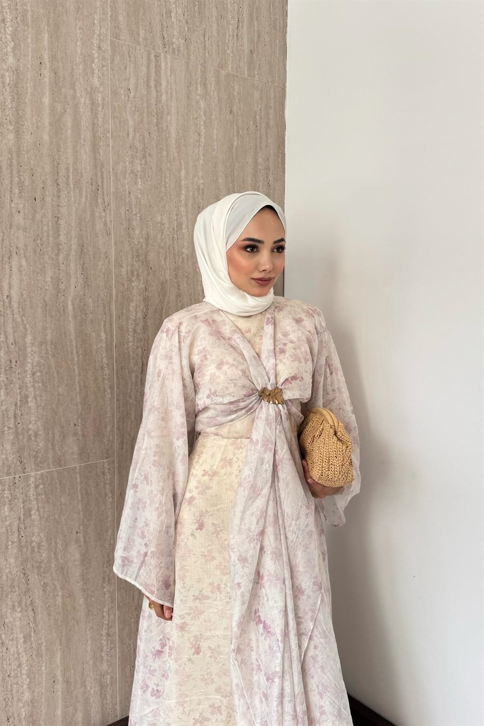 Desenli Bolerolu Vual Elbise - Pembe