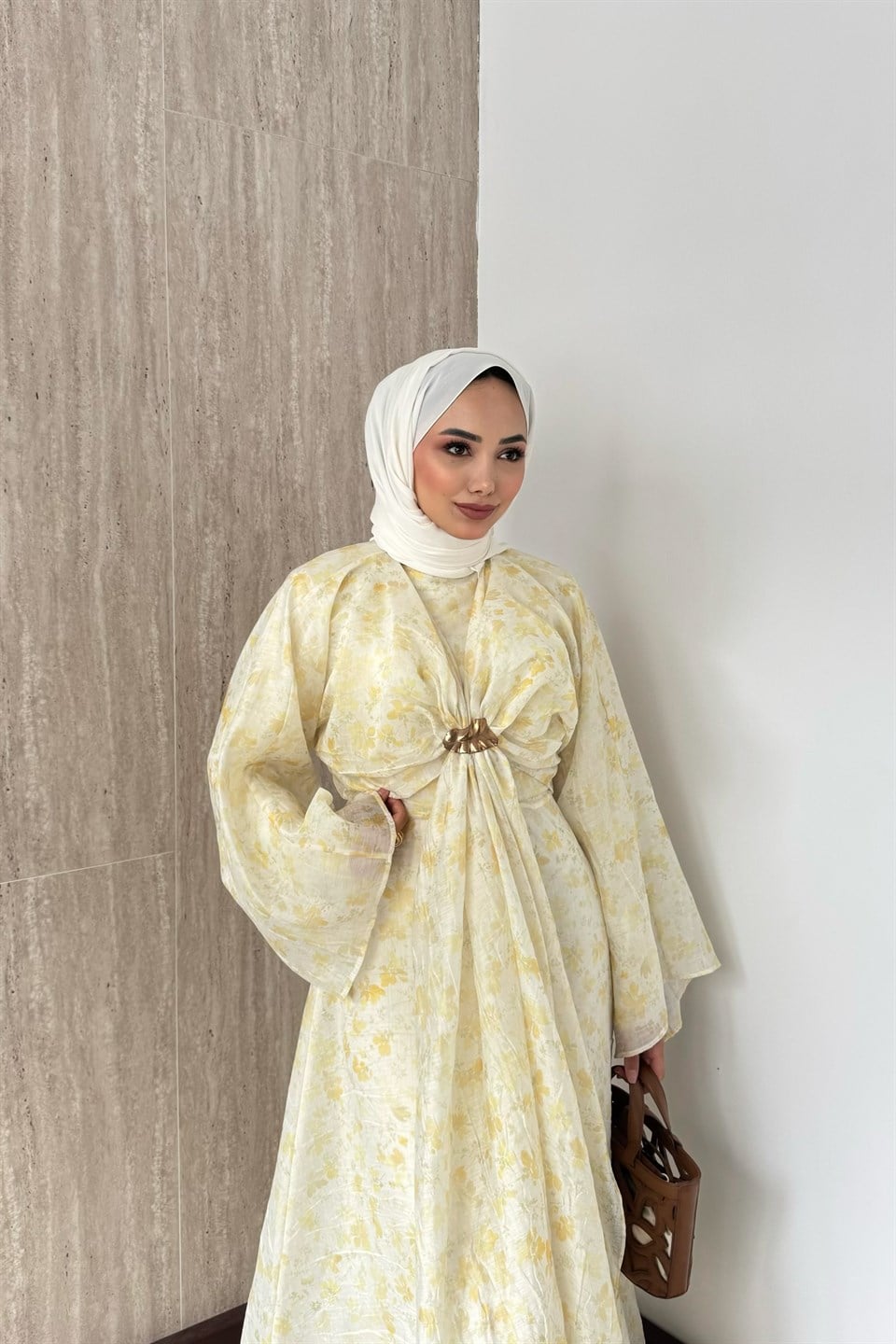 Desenli Bolerolu Vual Elbise - Sarı