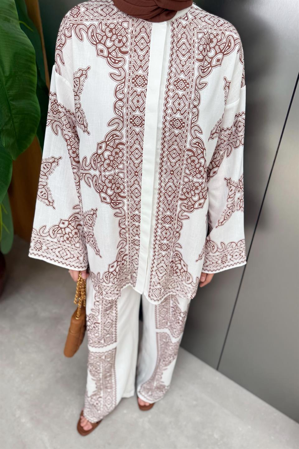 Patterned Linen Trouser Suit - Brown