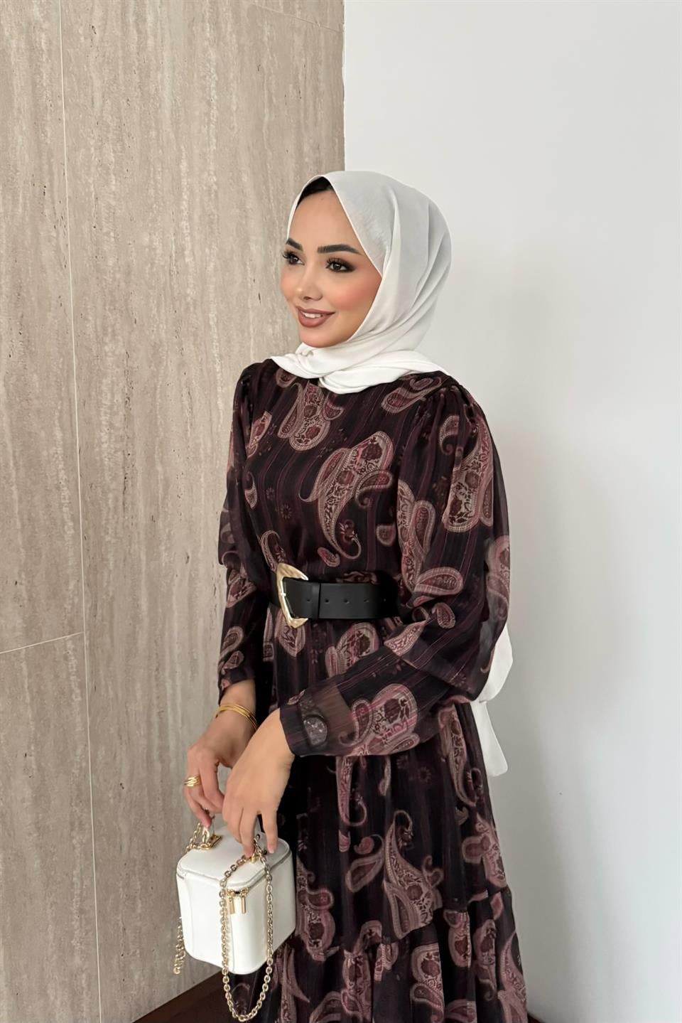 Desenli Şifon Elbise - Bordo
