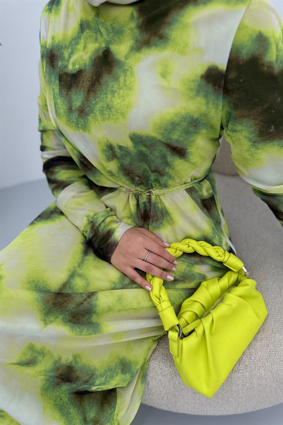 DESENLİ ŞİFON ELBİSE - HAKİ