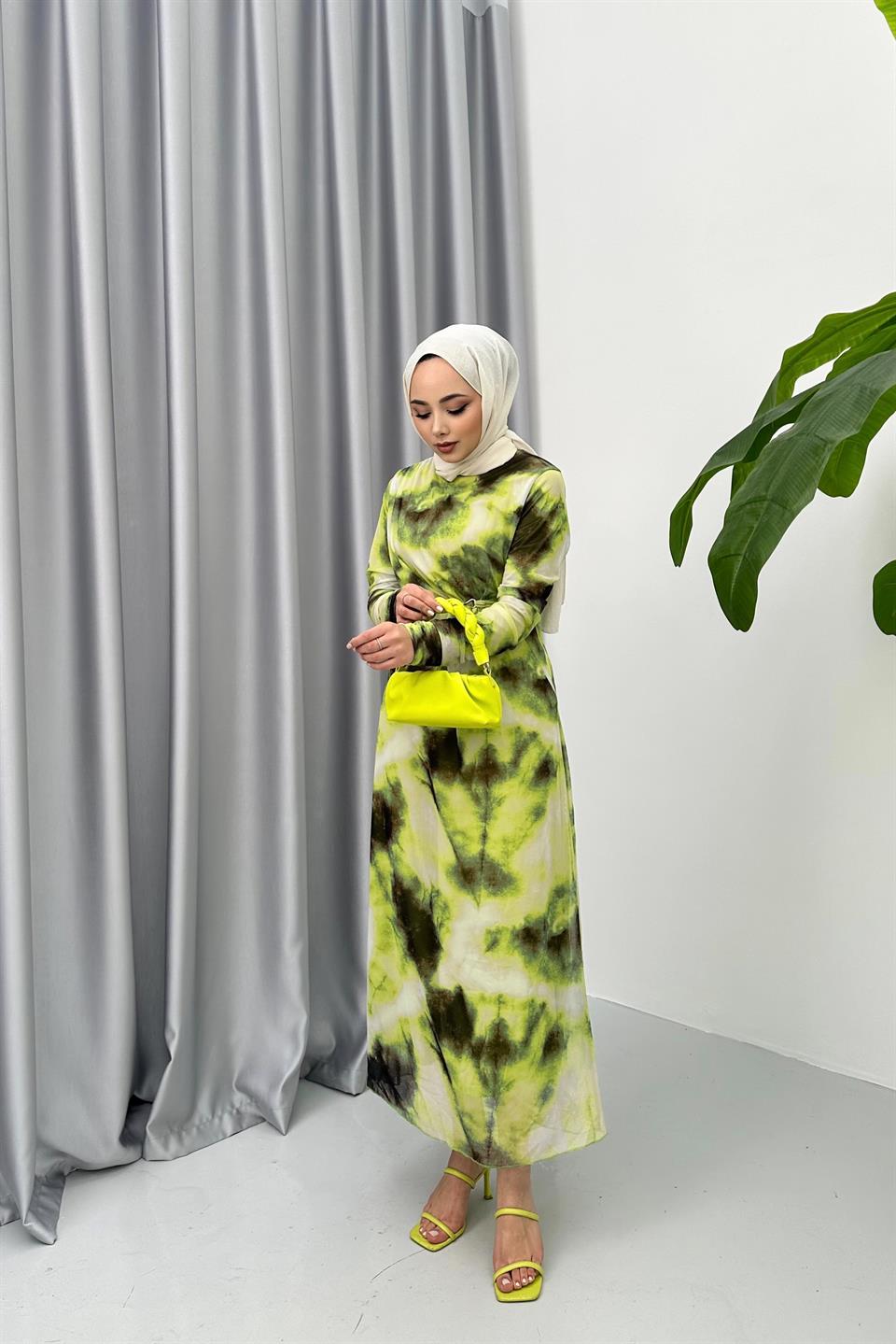 DESENLİ ŞİFON ELBİSE - HAKİ