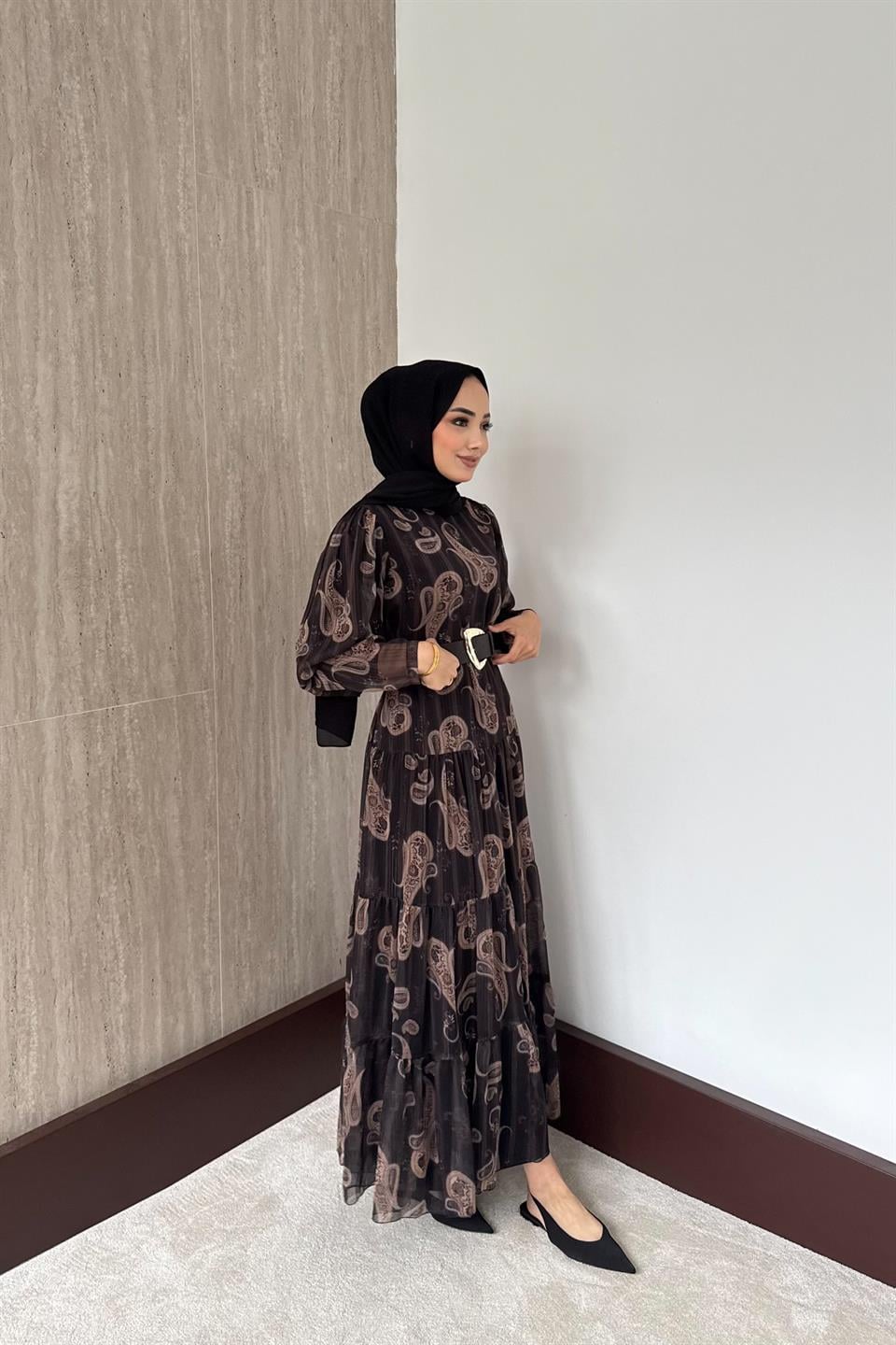 Desenli Şifon Elbise - Kahve