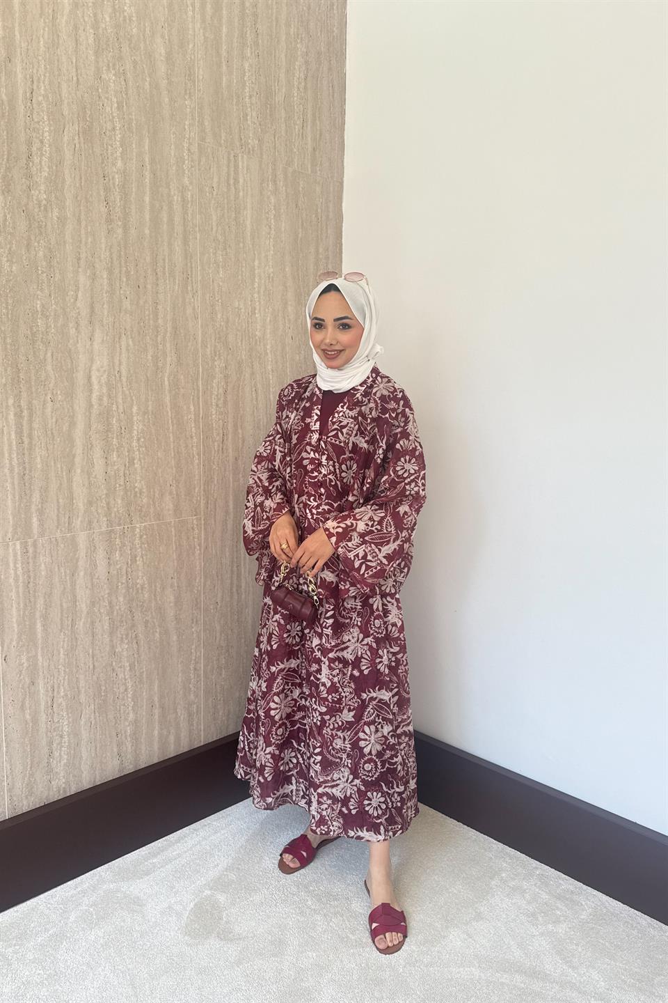 Desenli Şifon Etekli Takım - Bordo