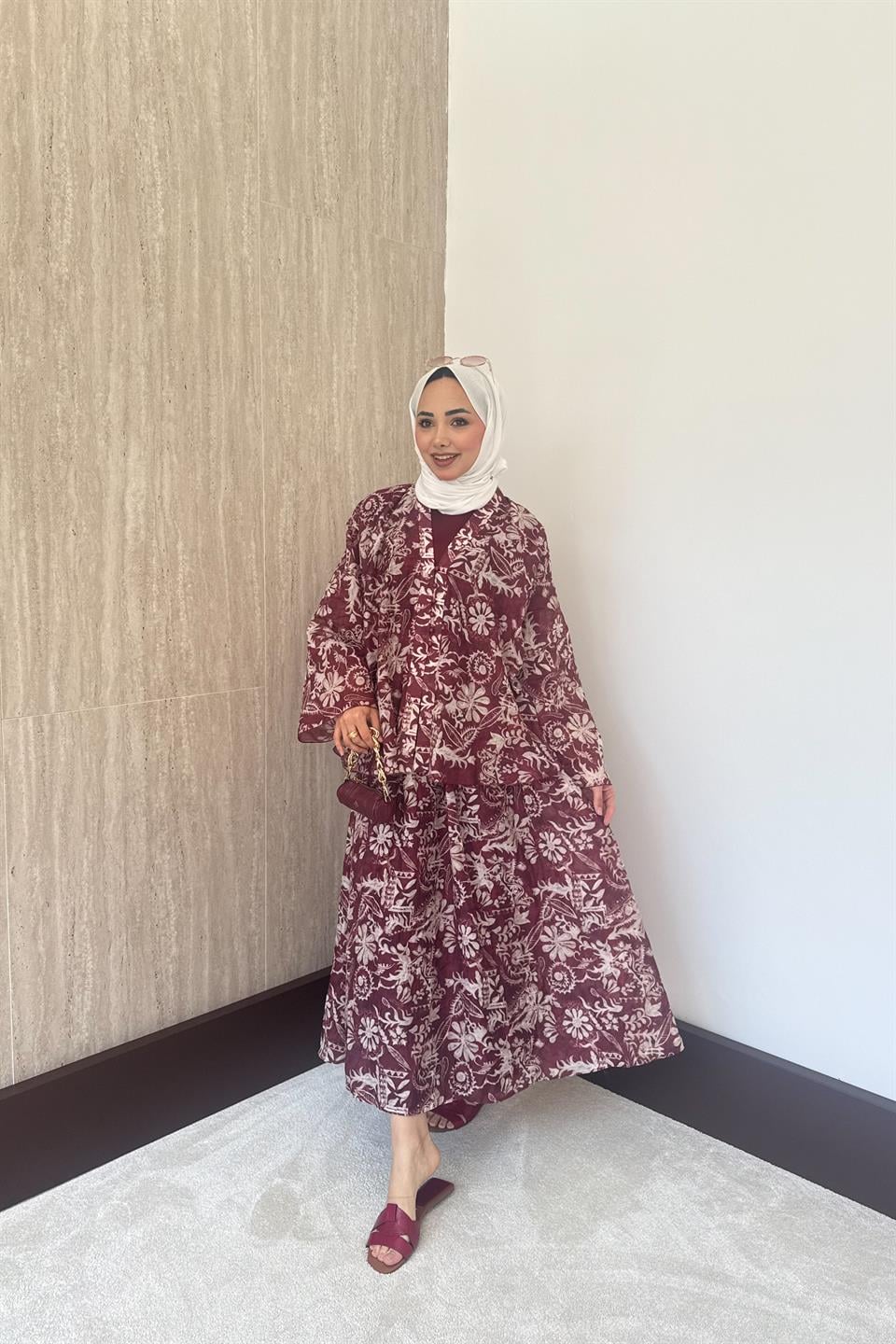 Desenli Şifon Etekli Takım - Bordo