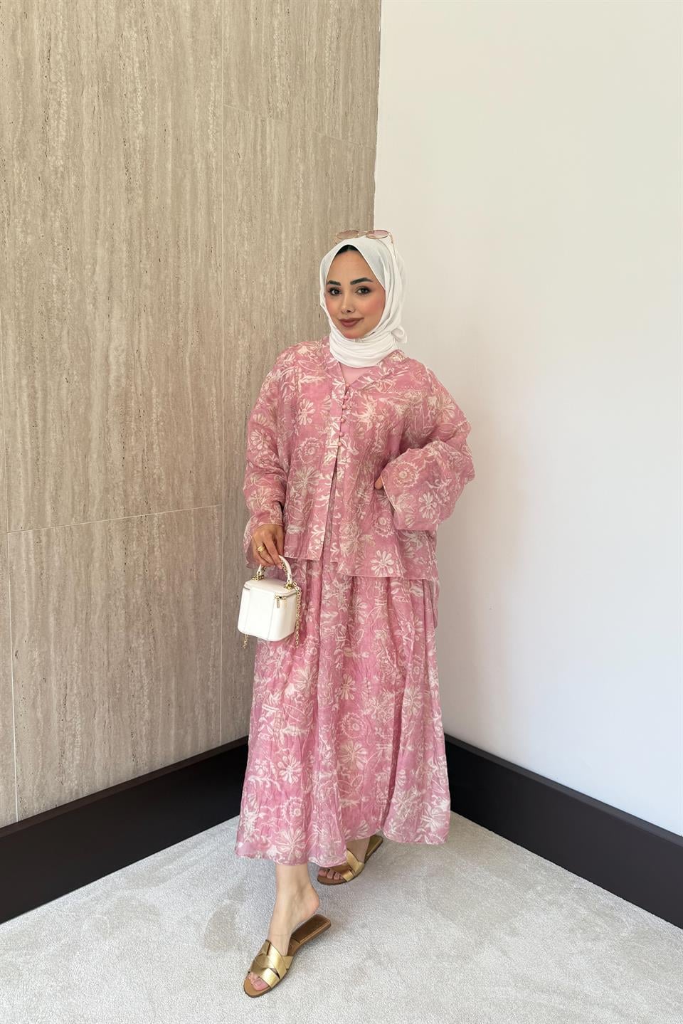 Desenli Şifon Etekli Takım - Pembe