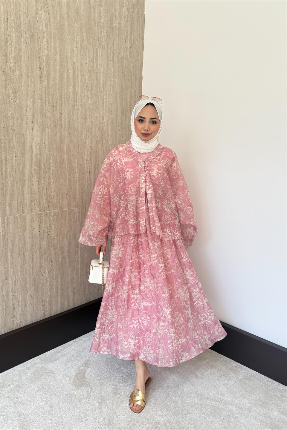Desenli Şifon Etekli Takım - Pembe