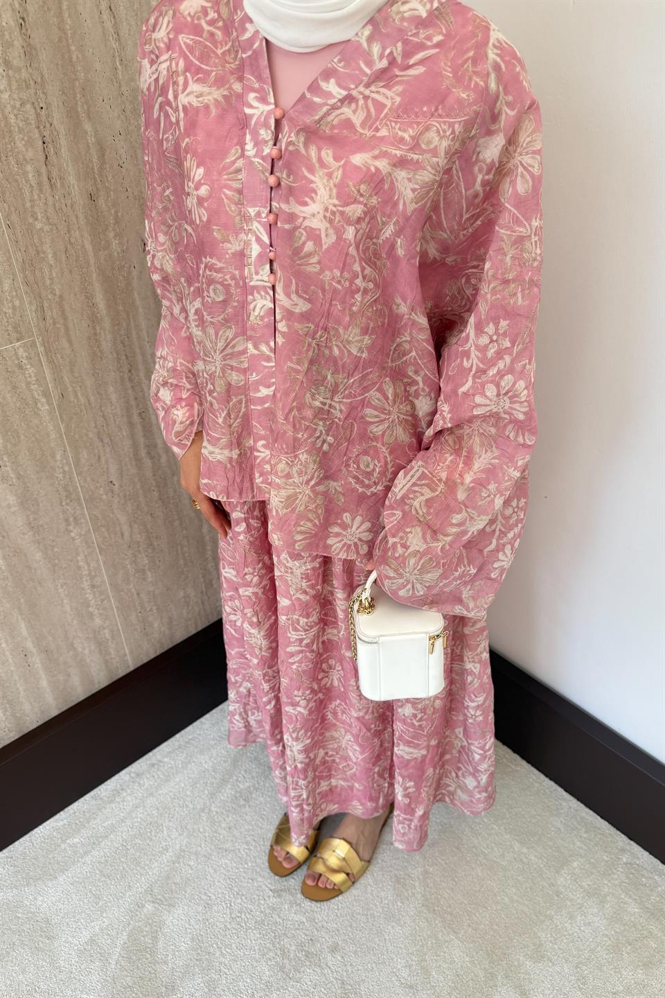 Desenli Şifon Etekli Takım - Pembe