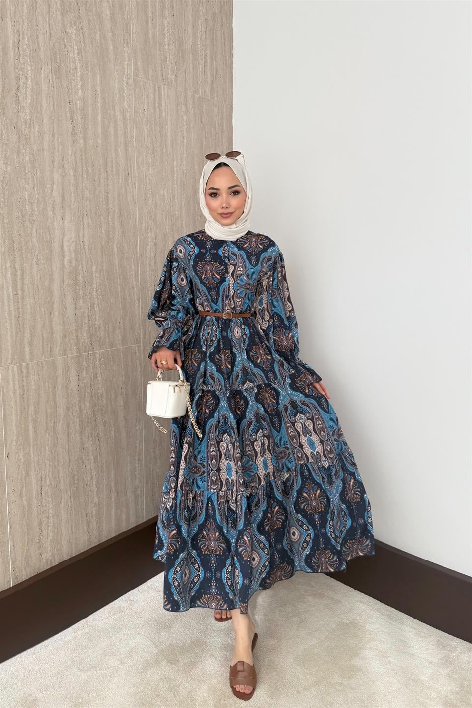 Desenli Viskon Elbise - Saks