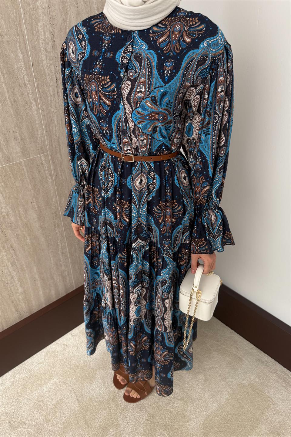 Desenli Viskon Elbise - Saks