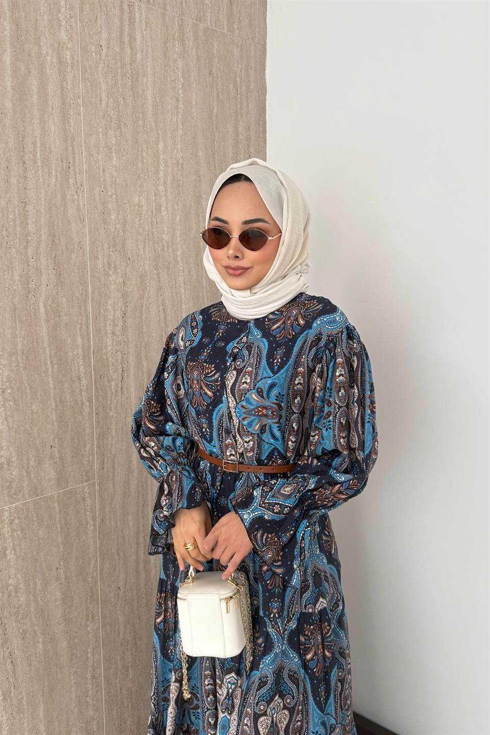 Desenli Viskon Elbise - Saks