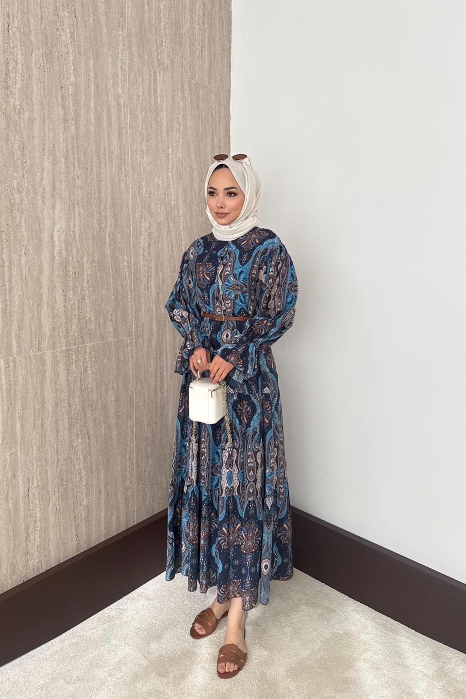 Desenli Viskon Elbise - Saks