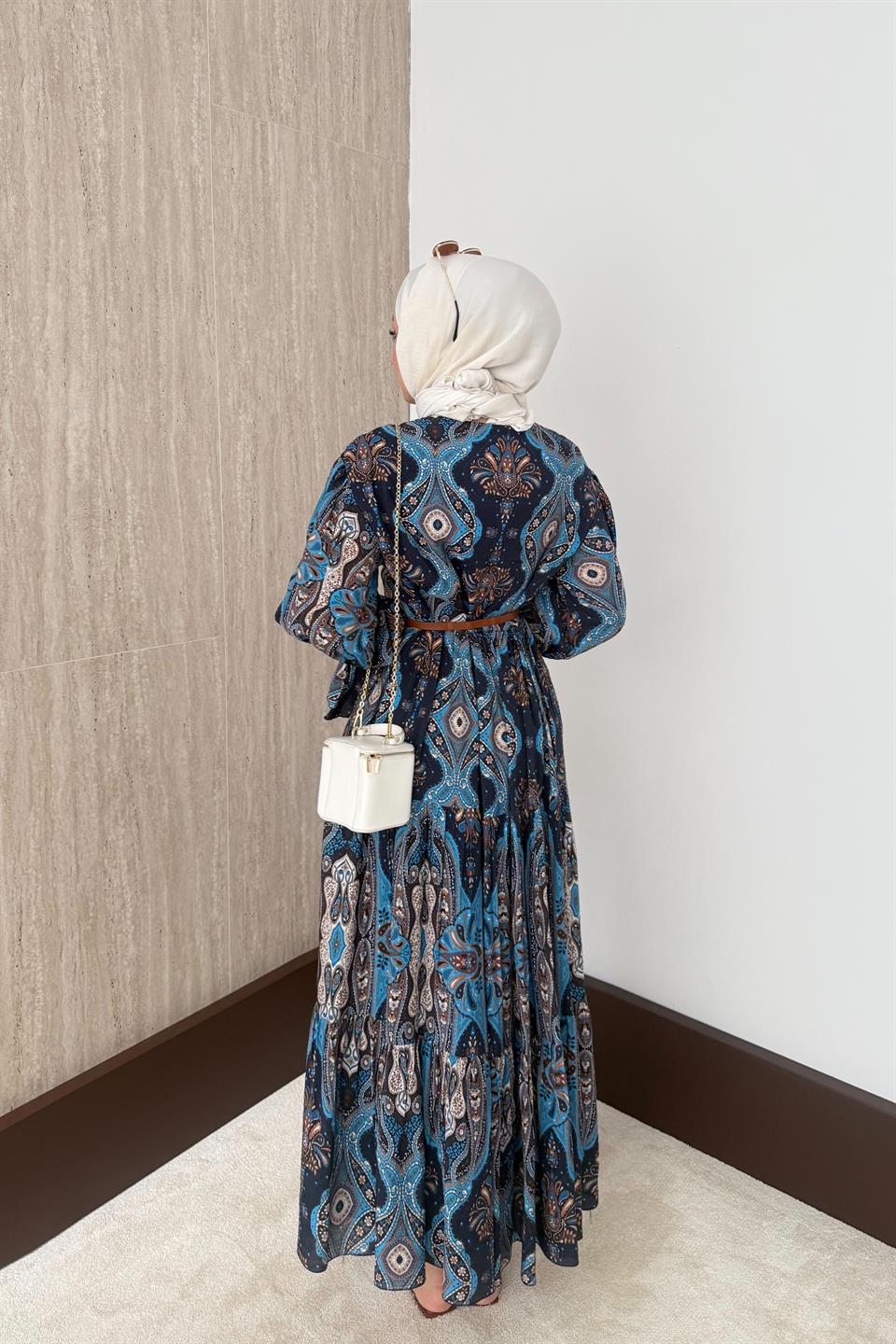 Desenli Viskon Elbise - Saks