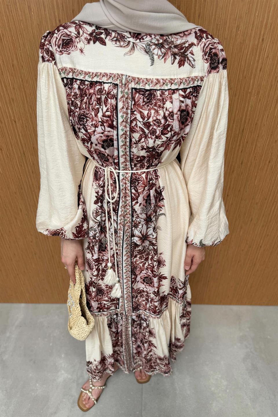 Desenli Vual Elbise - Bej