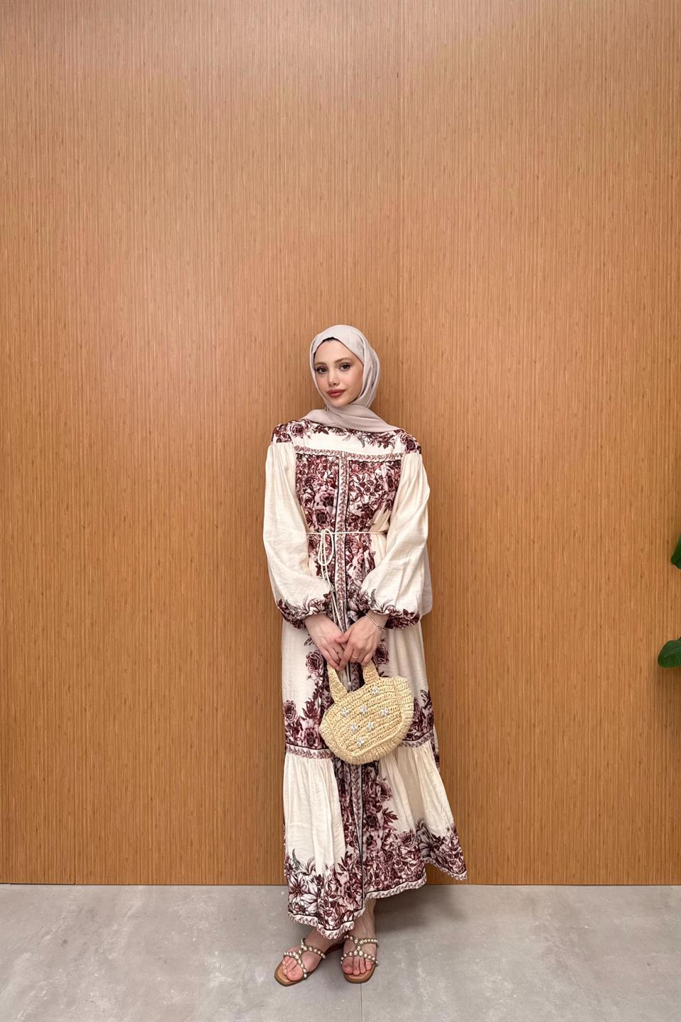 Desenli Vual Elbise - Bej