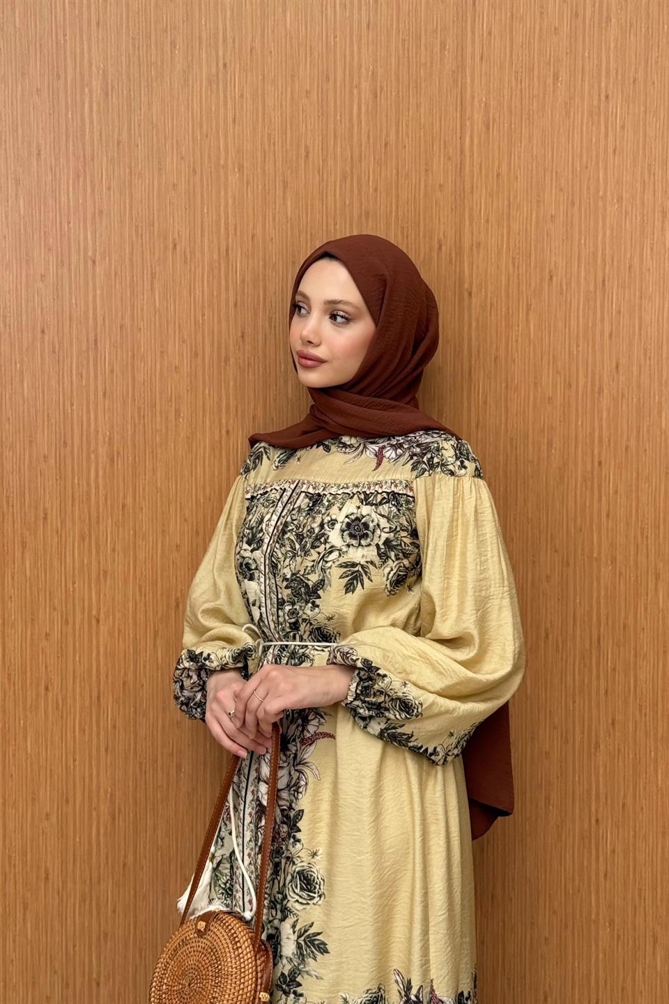 Desenli Vual Elbise - Yağ Yeşili