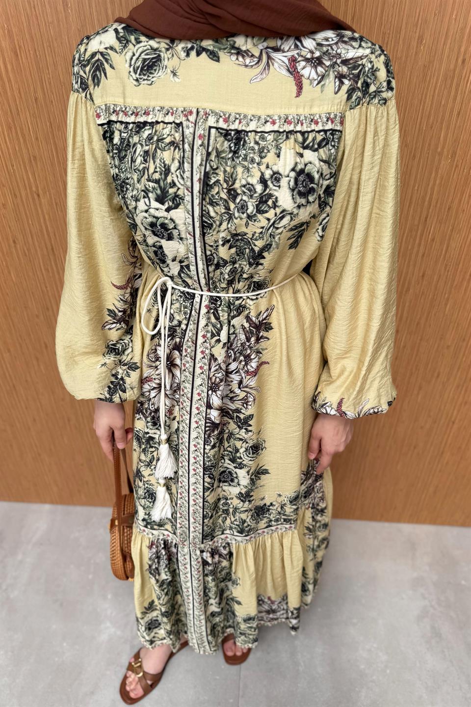 Desenli Vual Elbise - Yağ Yeşili