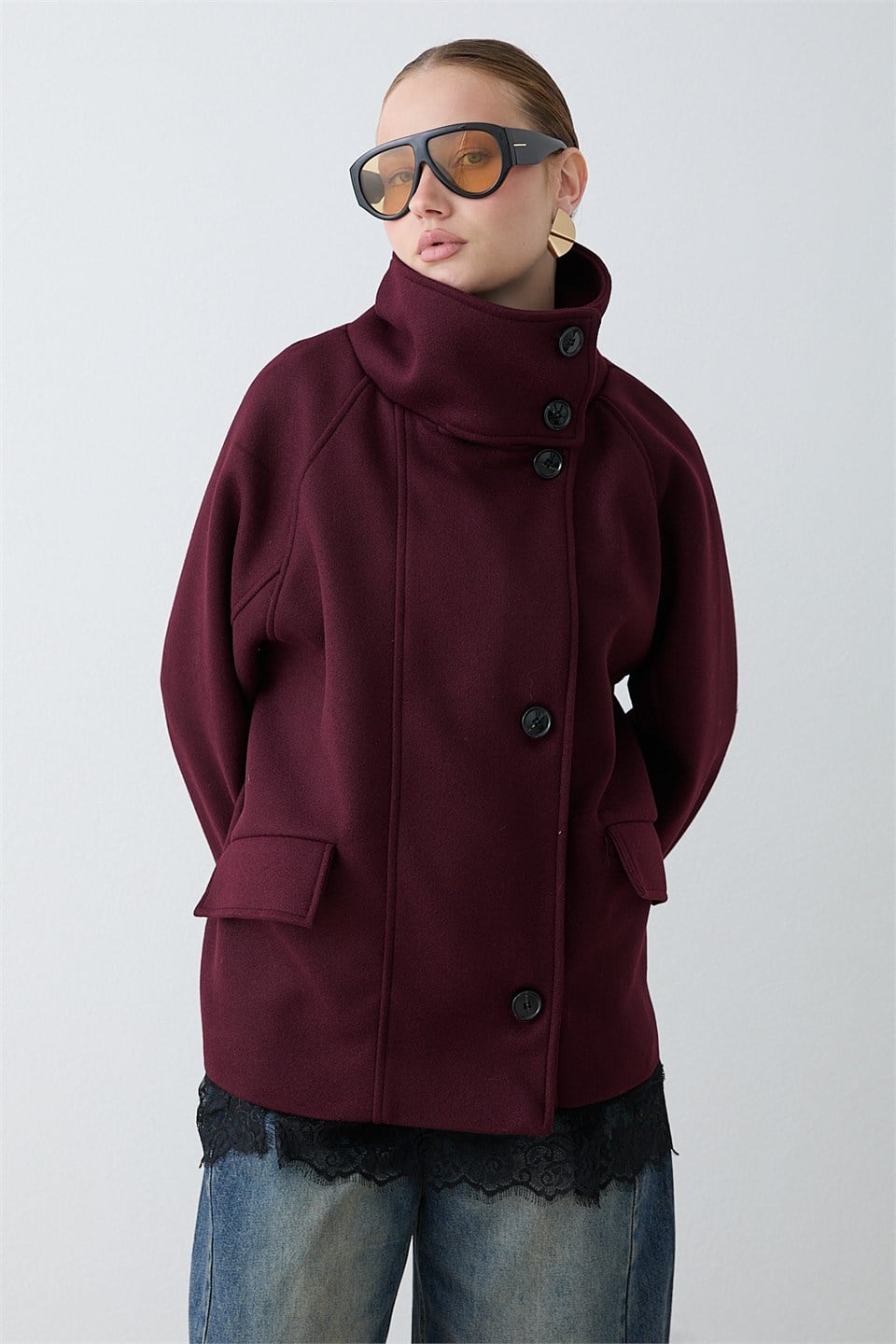Dik Yakalı Kaşe Kaban - Bordo