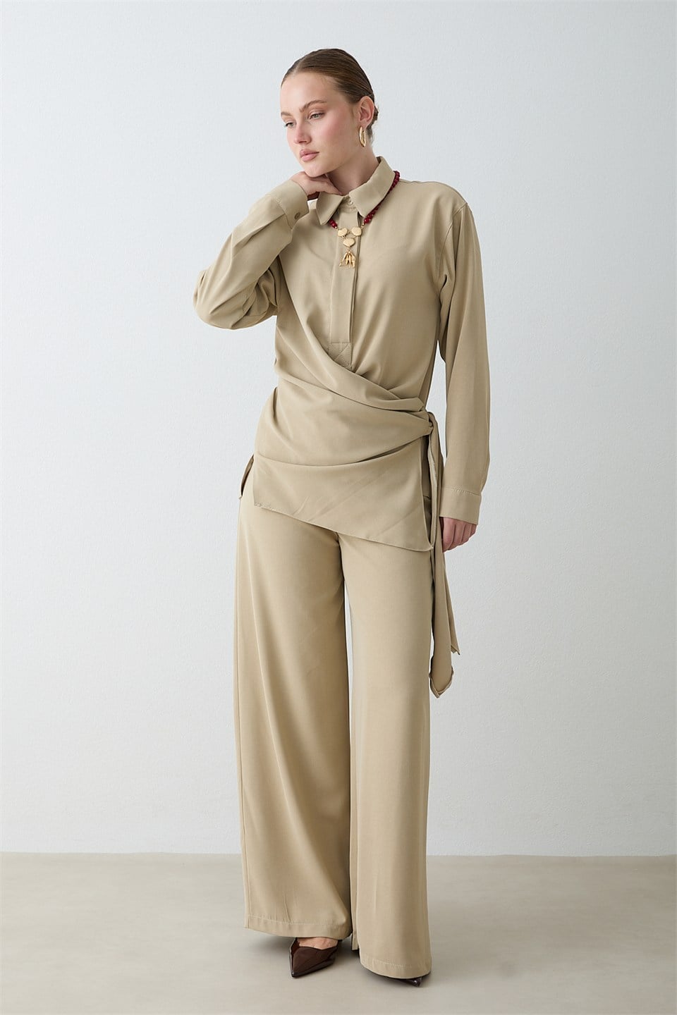 Drape Bağlamalı Pantolonlu Takım - Çağla