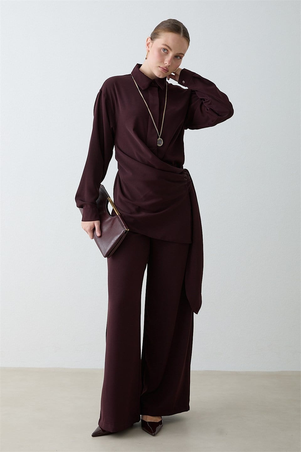 Drape Bağlamalı Pantolonlu Takım - Mürdüm