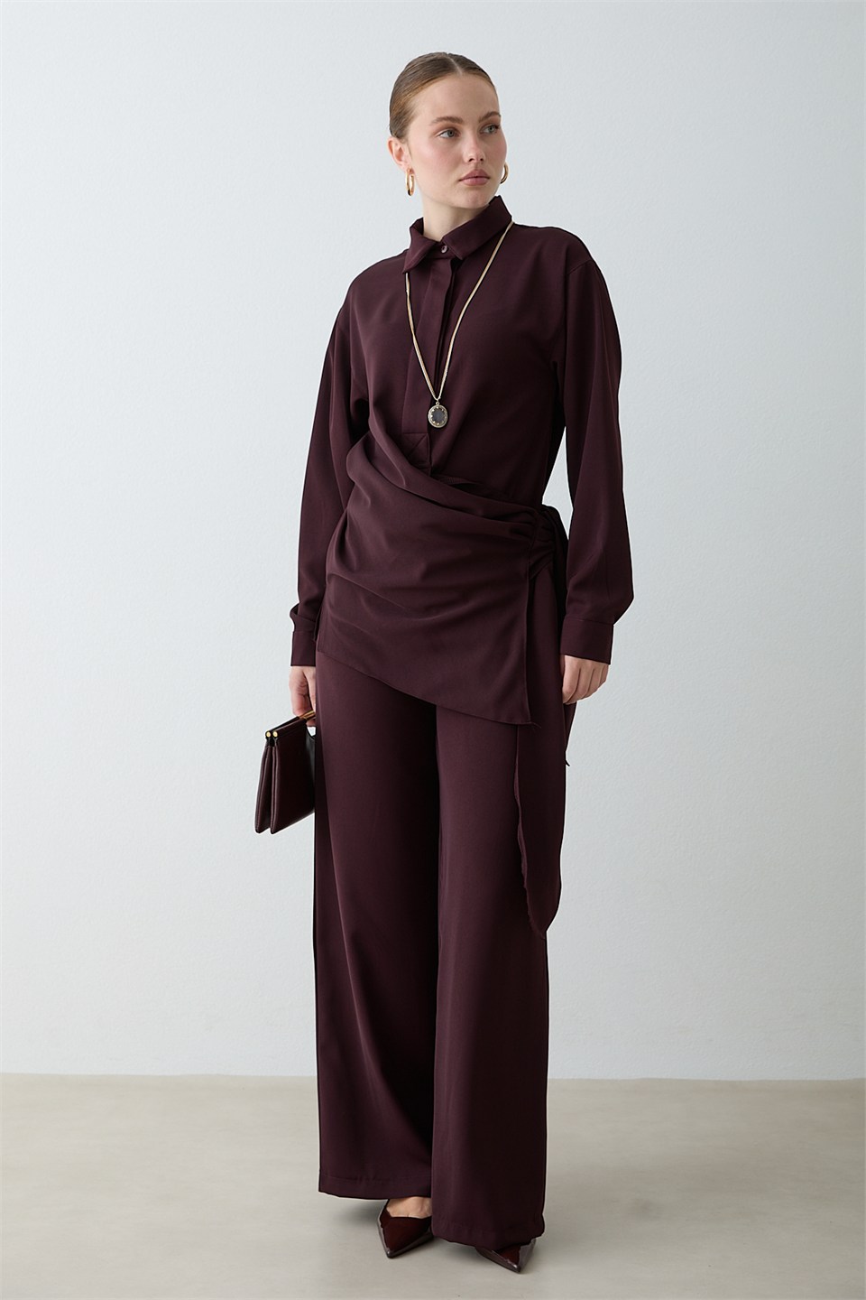 Drape Bağlamalı Pantolonlu Takım - Mürdüm