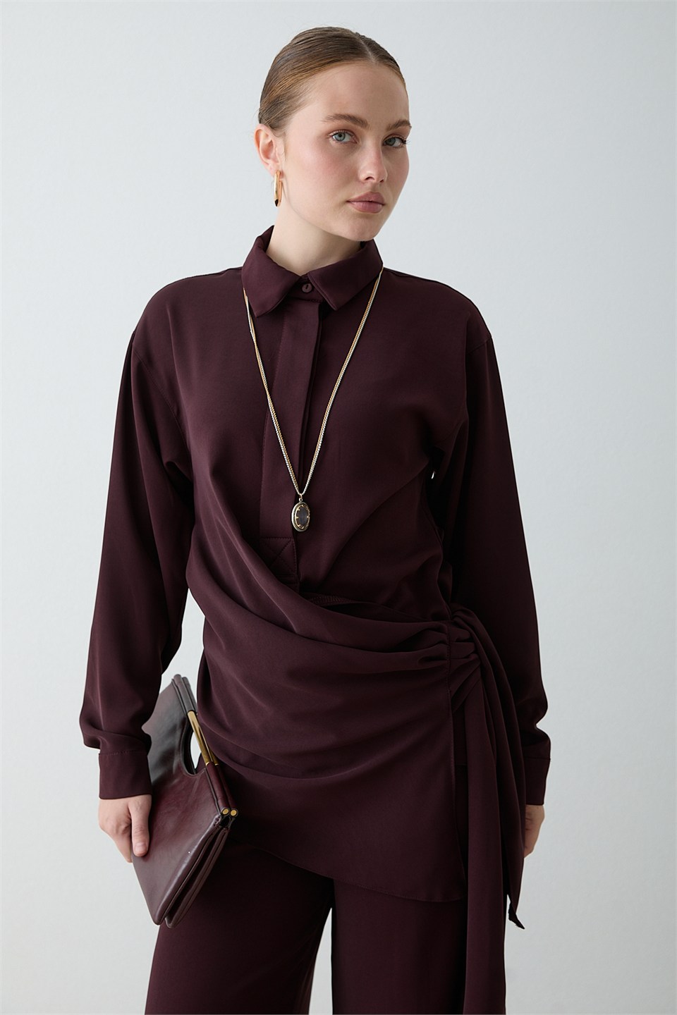 Drape Bağlamalı Pantolonlu Takım - Mürdüm