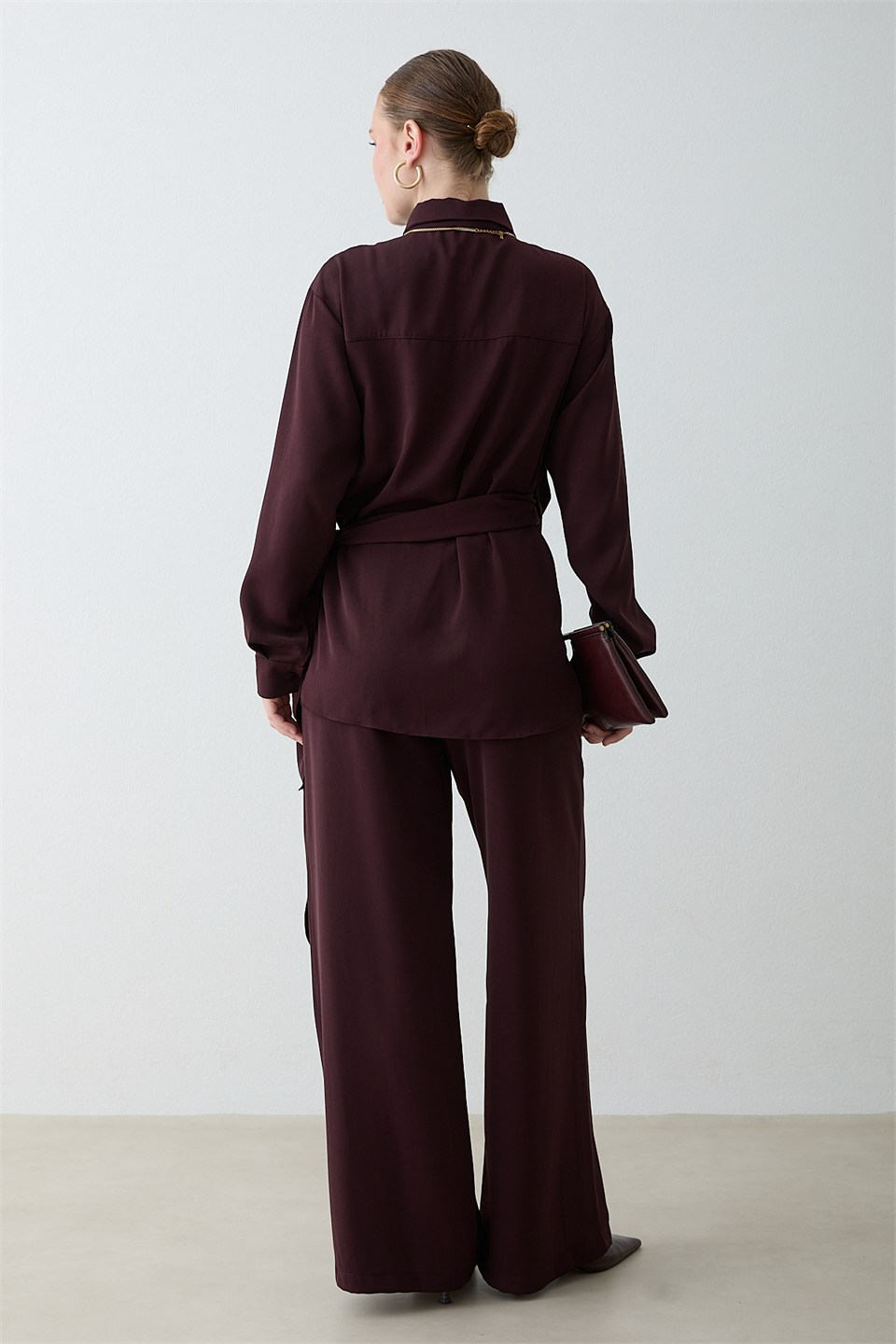 Drape Bağlamalı Pantolonlu Takım - Mürdüm