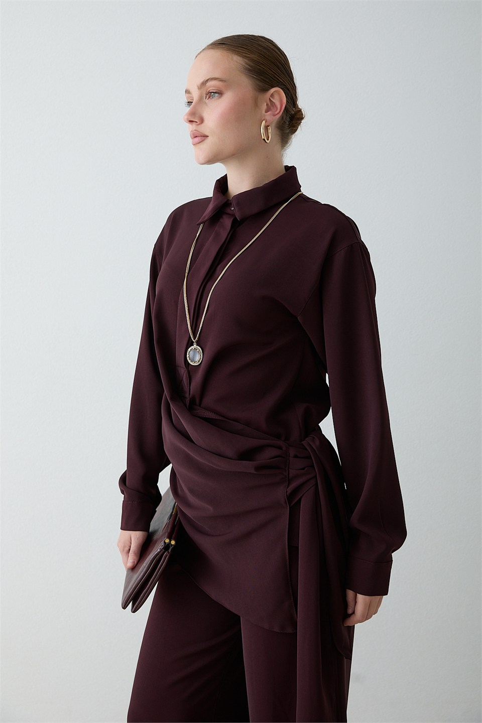 Drape Bağlamalı Pantolonlu Takım - Mürdüm